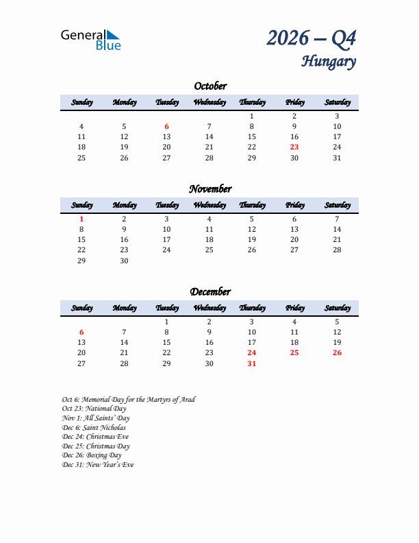 October, November, and December Calendar for Hungary with Sunday Start