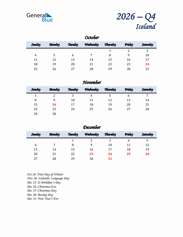 October, November, and December Calendar for Iceland with Sunday Start