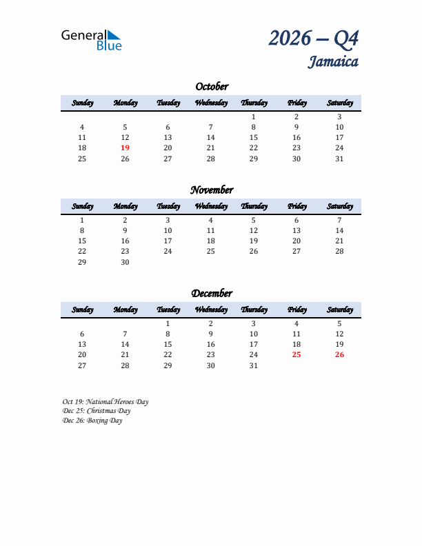 October, November, and December Calendar for Jamaica with Sunday Start