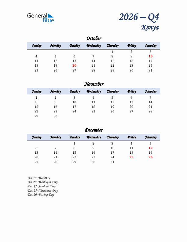 October, November, and December Calendar for Kenya with Sunday Start