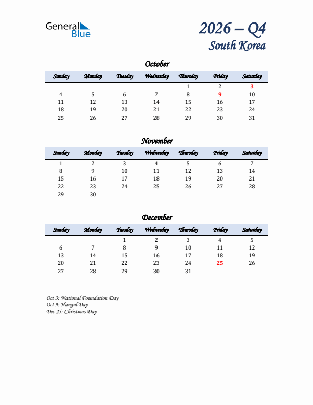 October, November, and December Calendar for South Korea with Sunday Start