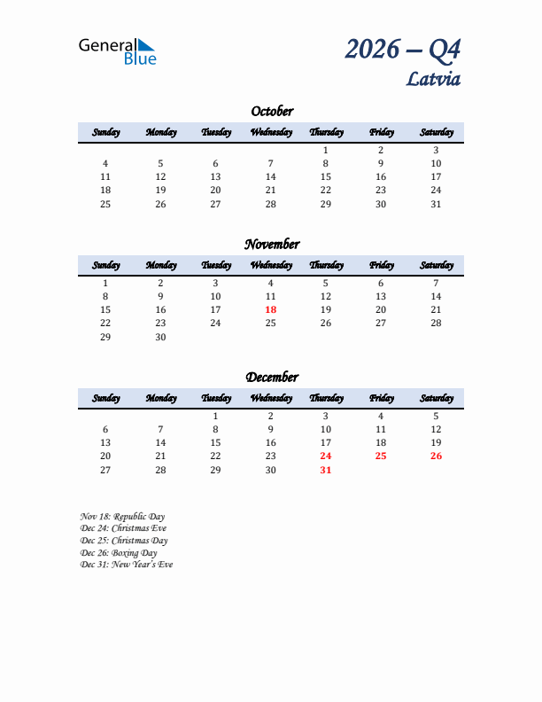 October, November, and December Calendar for Latvia with Sunday Start