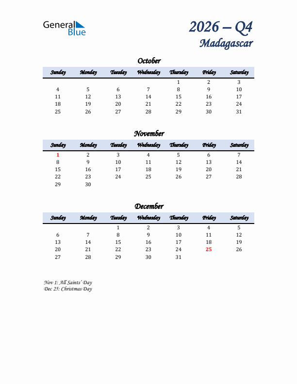 October, November, and December Calendar for Madagascar with Sunday Start