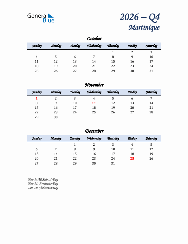 October, November, and December Calendar for Martinique with Sunday Start