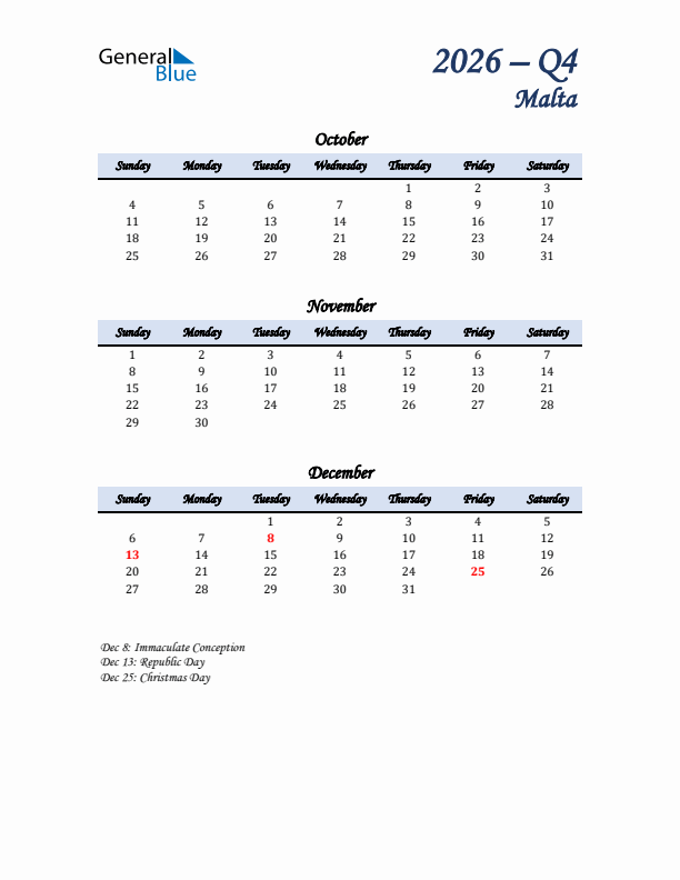 October, November, and December Calendar for Malta with Sunday Start