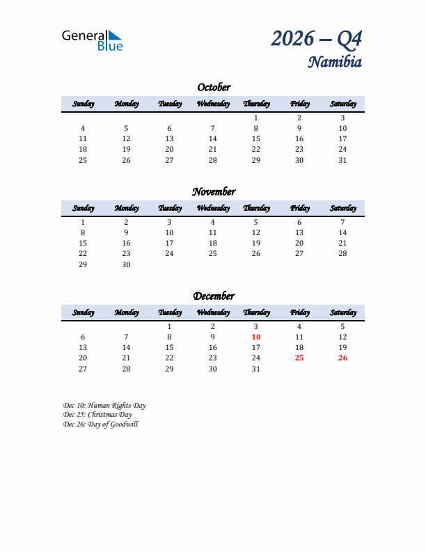 October, November, and December Calendar for Namibia with Sunday Start