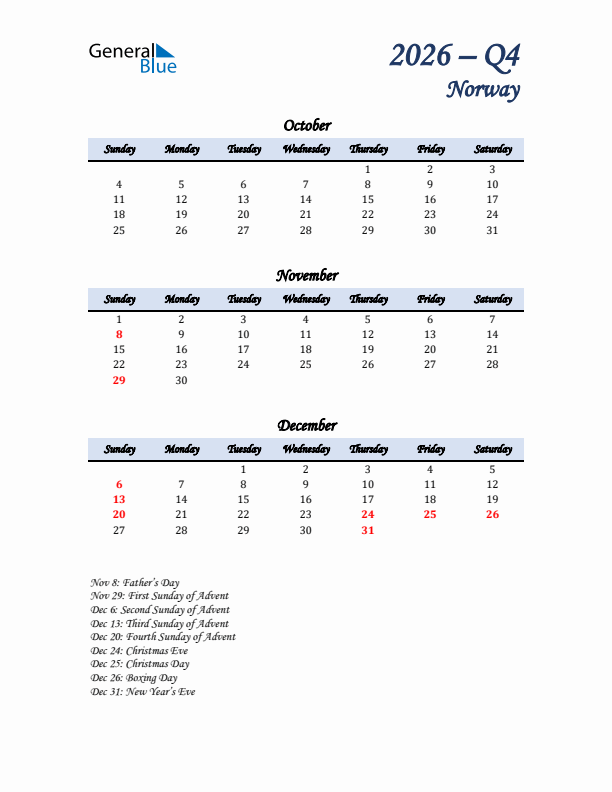 October, November, and December Calendar for Norway with Sunday Start