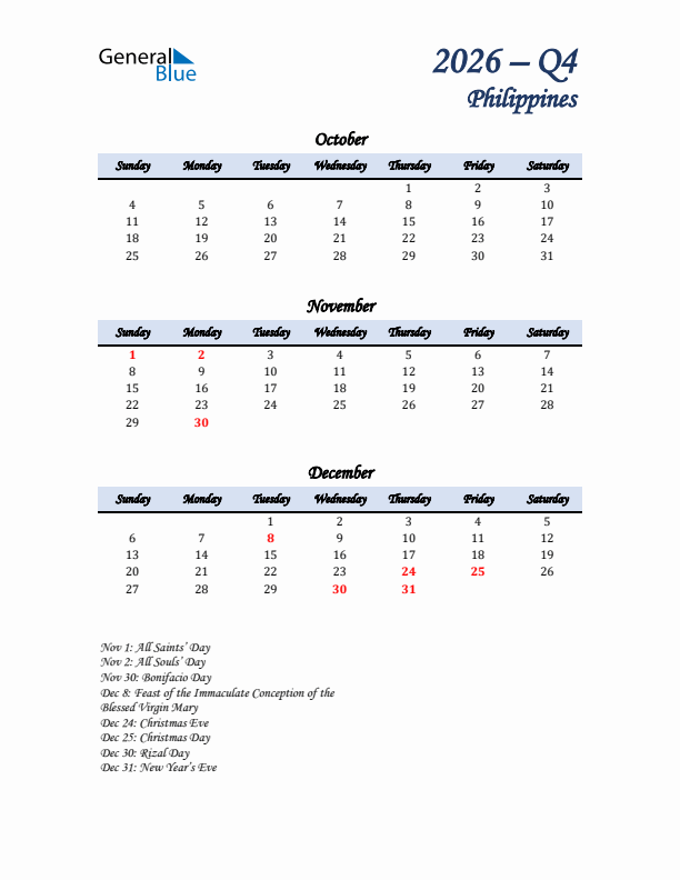 October, November, and December Calendar for Philippines with Sunday Start