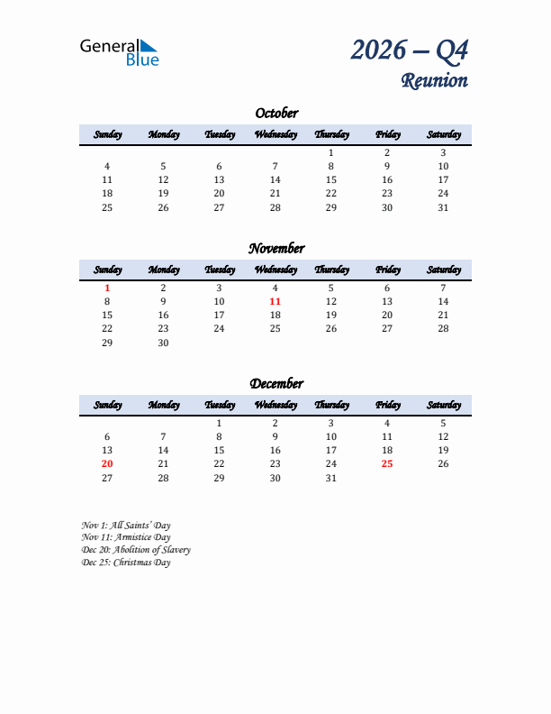 October, November, and December Calendar for Reunion with Sunday Start