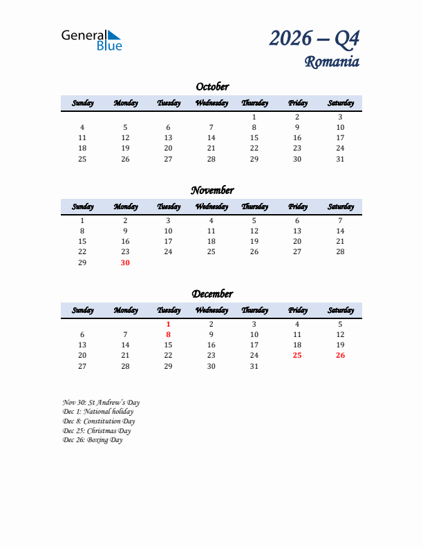 October, November, and December Calendar for Romania with Sunday Start