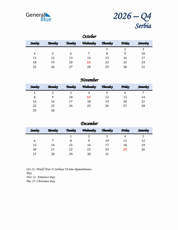 October, November, and December Calendar for Serbia with Sunday Start