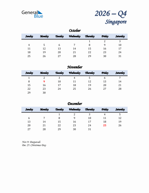 October, November, and December Calendar for Singapore with Sunday Start