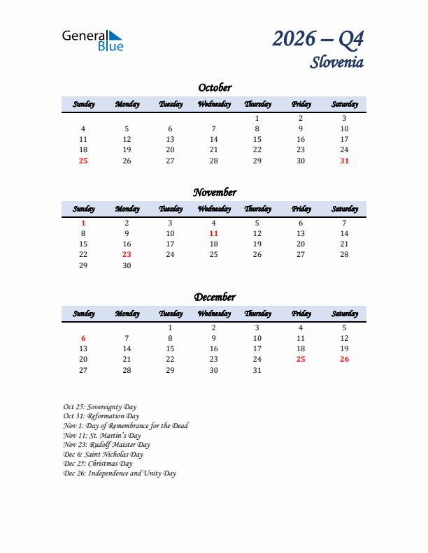 October, November, and December Calendar for Slovenia with Sunday Start