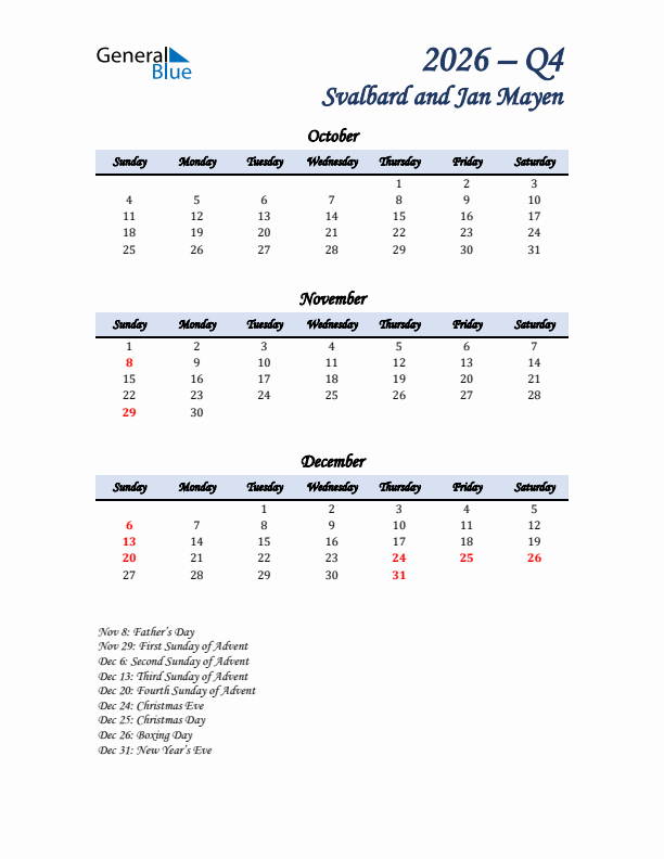 October, November, and December Calendar for Svalbard and Jan Mayen with Sunday Start