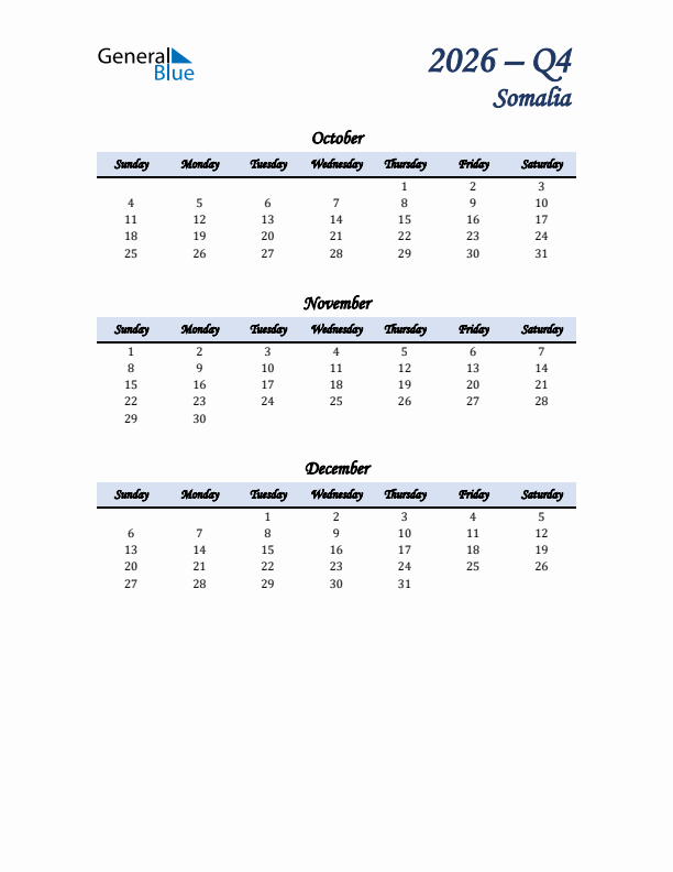 October, November, and December Calendar for Somalia with Sunday Start