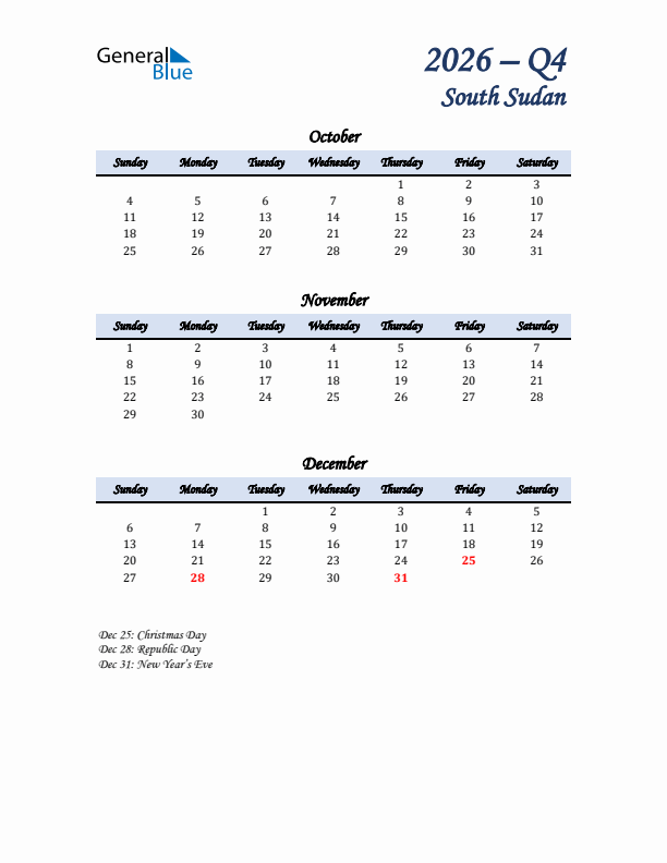 October, November, and December Calendar for South Sudan with Sunday Start