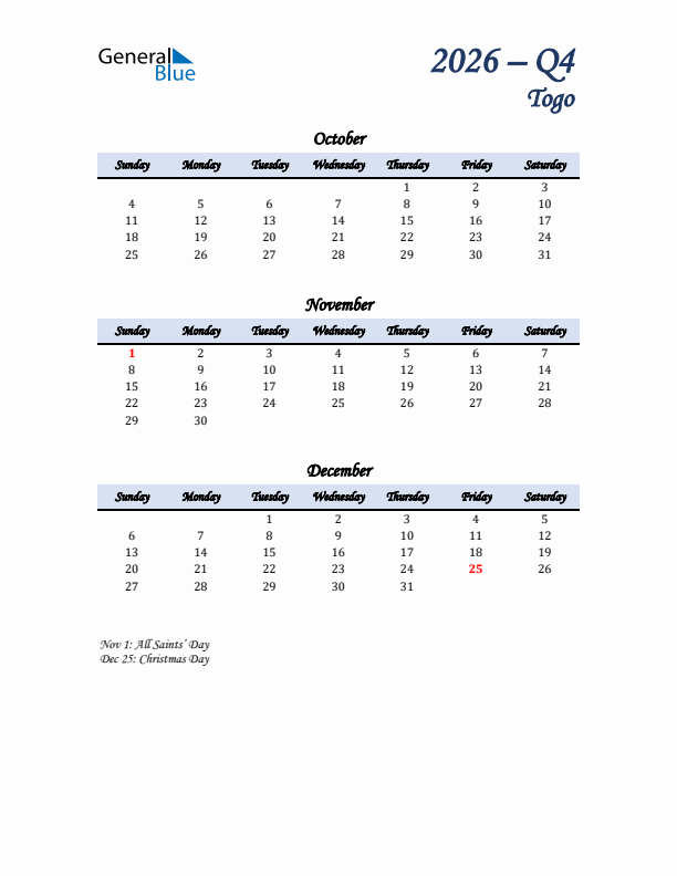 October, November, and December Calendar for Togo with Sunday Start