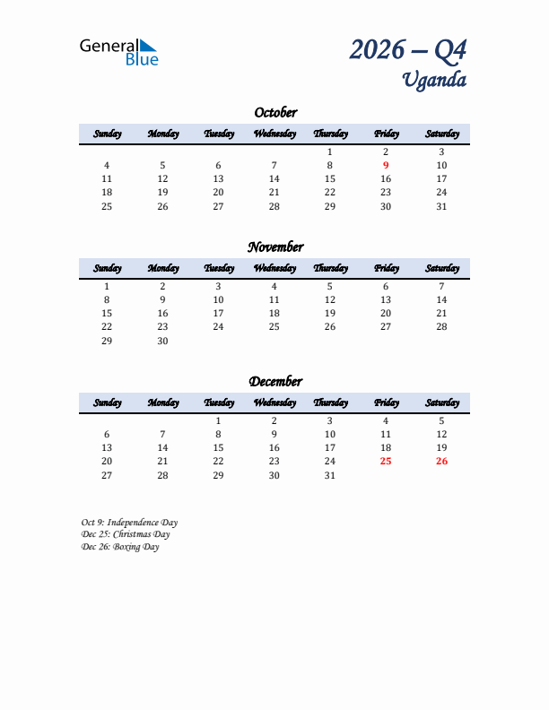 October, November, and December Calendar for Uganda with Sunday Start