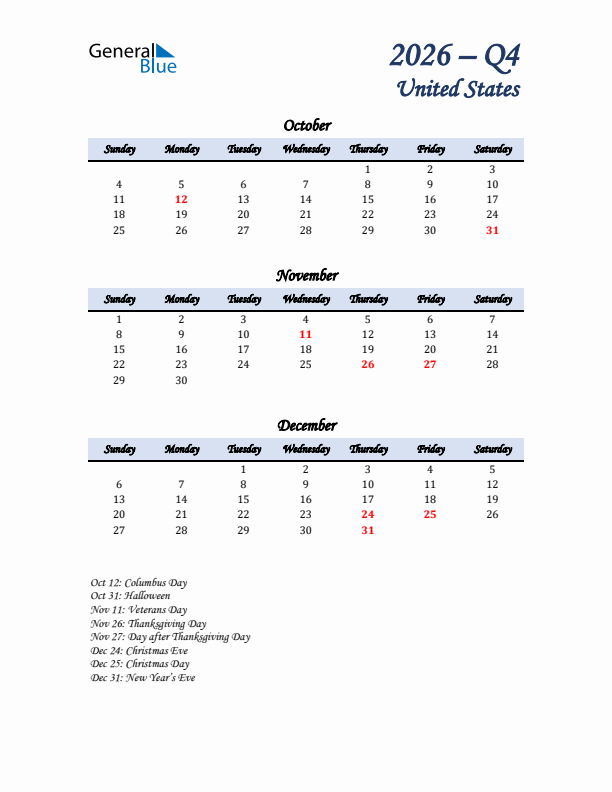 October, November, and December Calendar for United States with Sunday Start