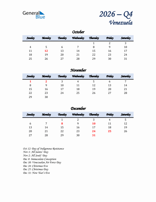 October, November, and December Calendar for Venezuela with Sunday Start