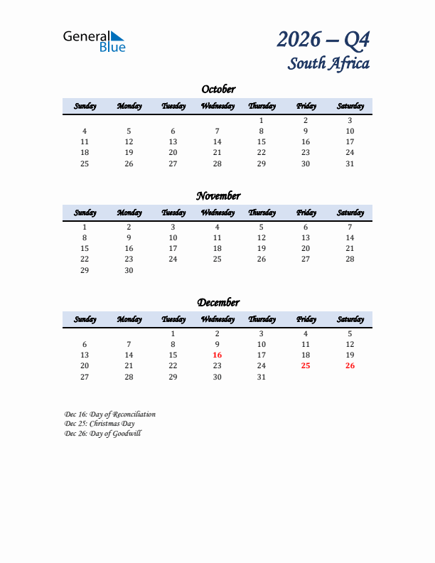 October, November, and December Calendar for South Africa with Sunday Start