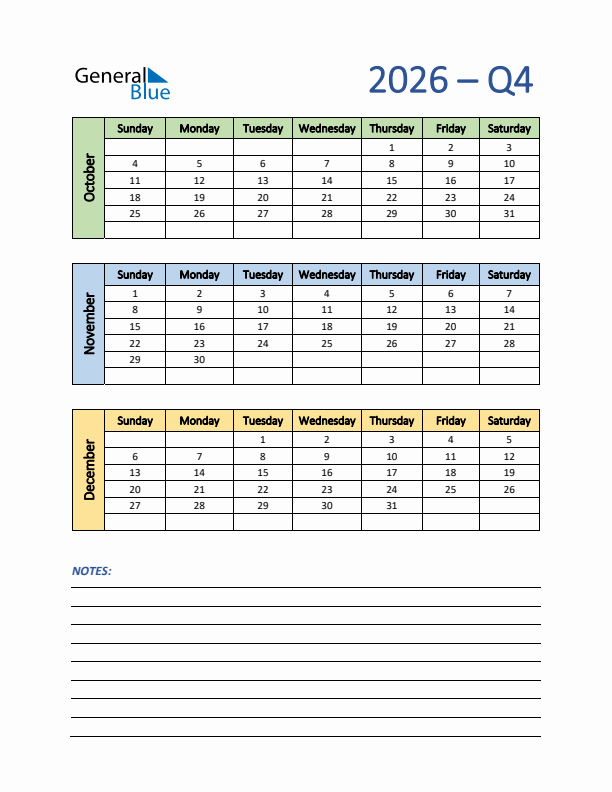 Three-Month Planner for Q4 2026