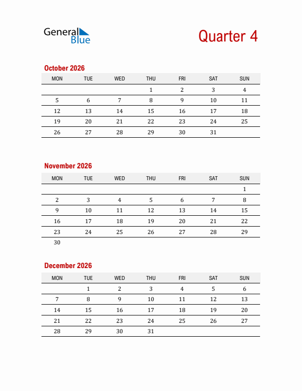 Three-Month Printable Calendar 2026