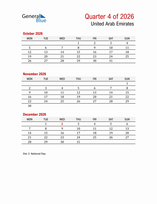 Printable Three Month Calendar with United Arab Emirates Holidays