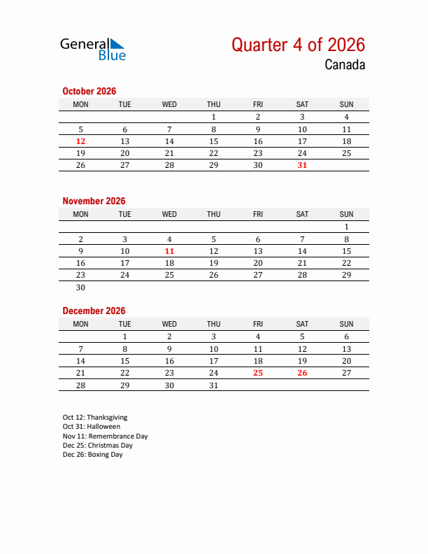 Printable Three Month Calendar with Canada Holidays