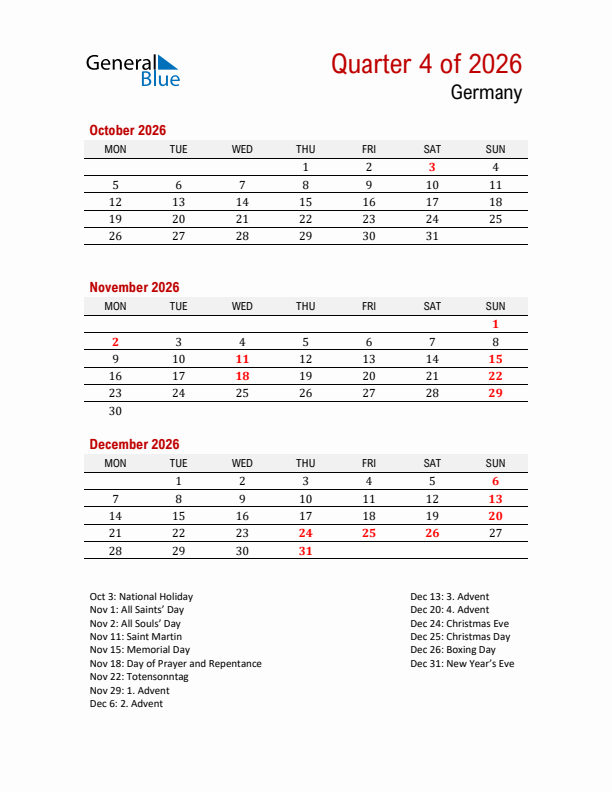 Printable Three Month Calendar with Germany Holidays