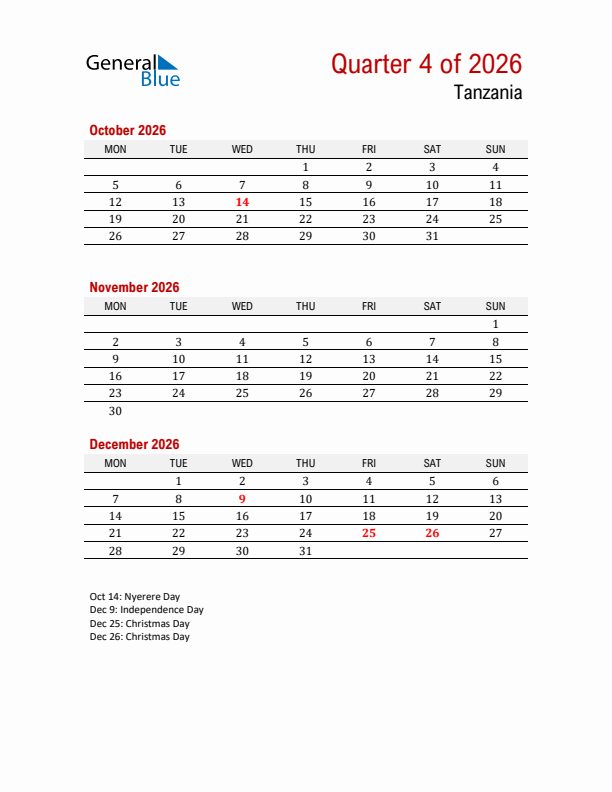 Printable Three Month Calendar with Tanzania Holidays