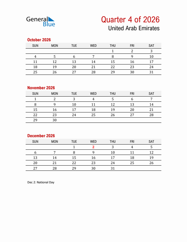 Printable Three Month Calendar with United Arab Emirates Holidays