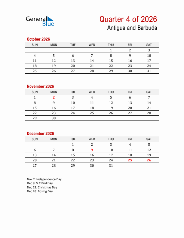 Printable Three Month Calendar with Antigua and Barbuda Holidays