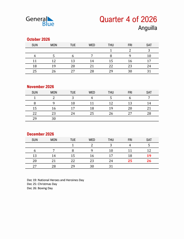 Printable Three Month Calendar with Anguilla Holidays