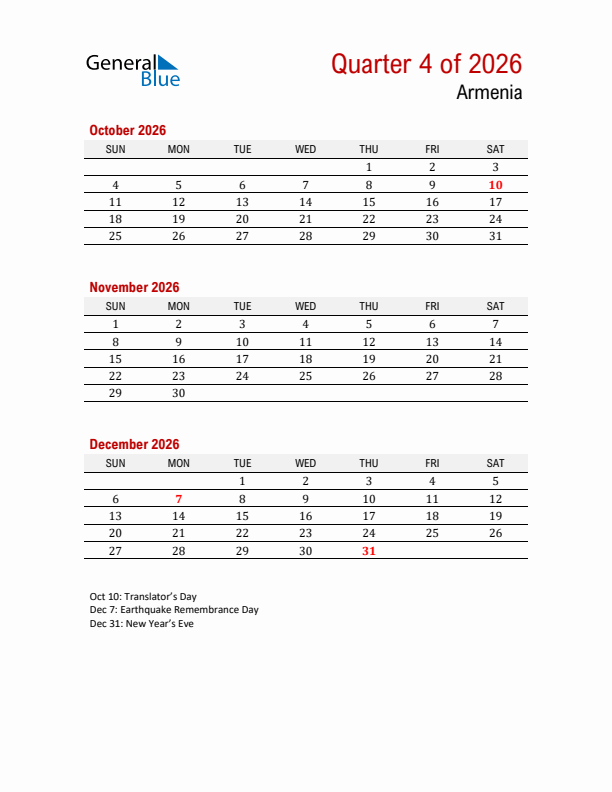 Printable Three Month Calendar with Armenia Holidays