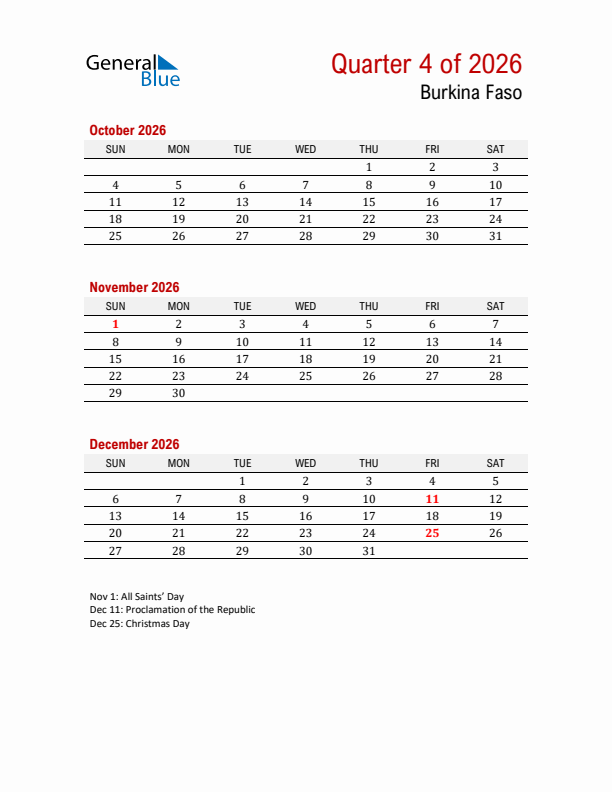 Printable Three Month Calendar with Burkina Faso Holidays