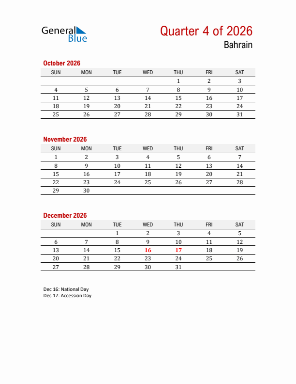 Printable Three Month Calendar with Bahrain Holidays