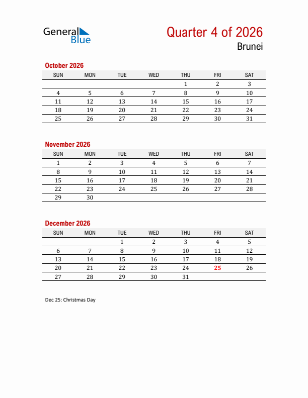 Printable Three Month Calendar with Brunei Holidays