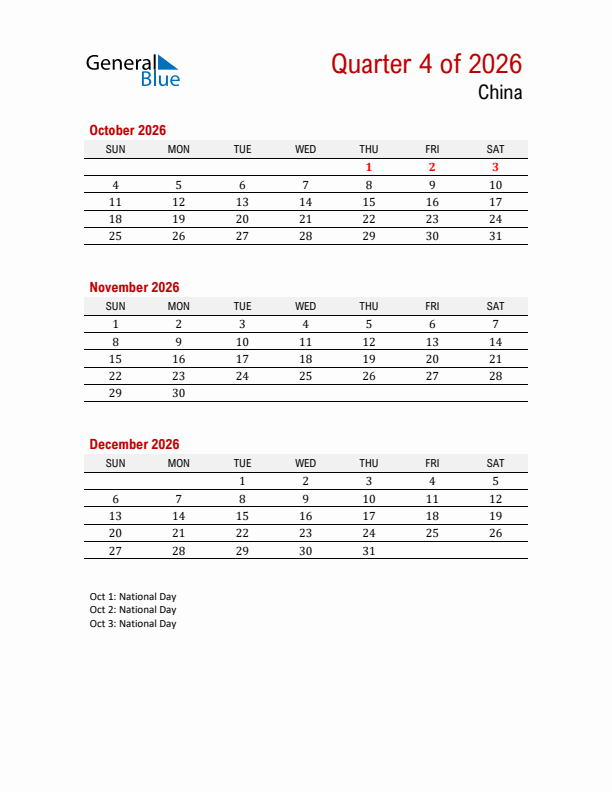 Printable Three Month Calendar with China Holidays