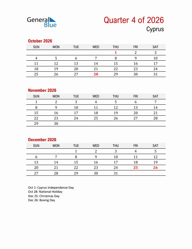 Printable Three Month Calendar with Cyprus Holidays