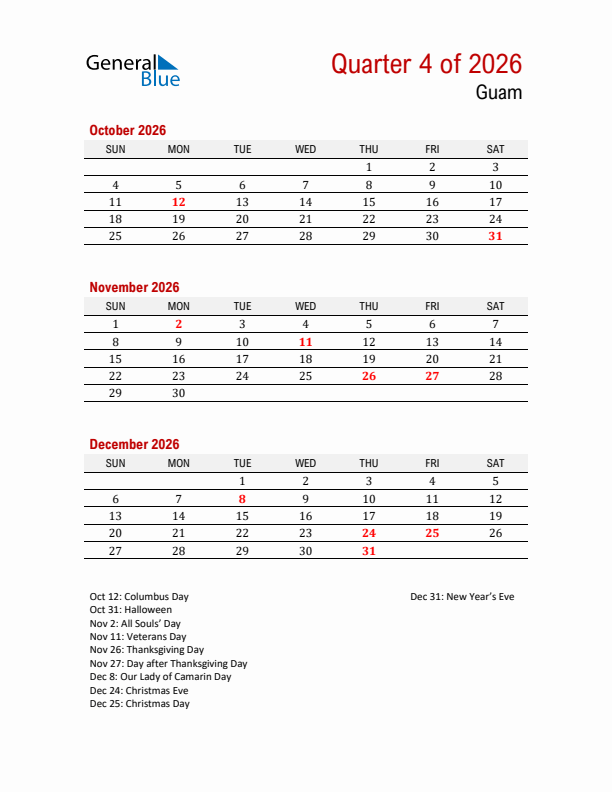 Printable Three Month Calendar with Guam Holidays