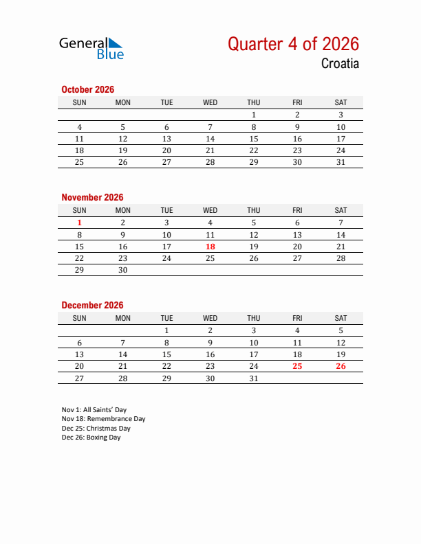 Printable Three Month Calendar with Croatia Holidays