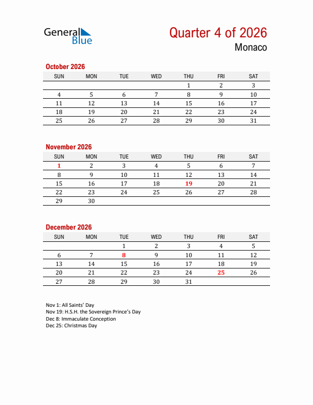 Printable Three Month Calendar with Monaco Holidays