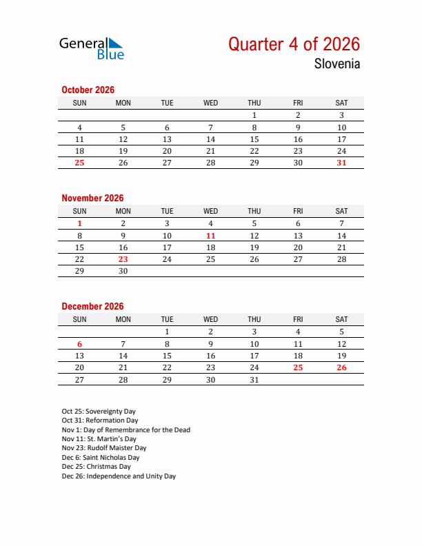 Printable Three Month Calendar with Slovenia Holidays