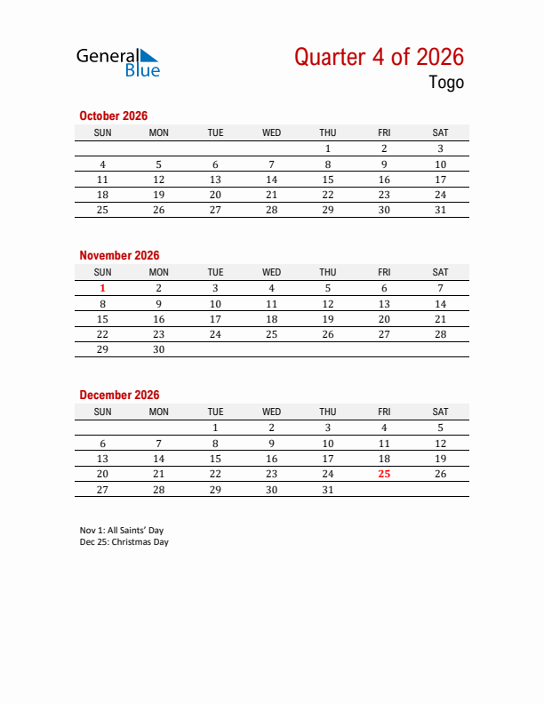 Printable Three Month Calendar with Togo Holidays