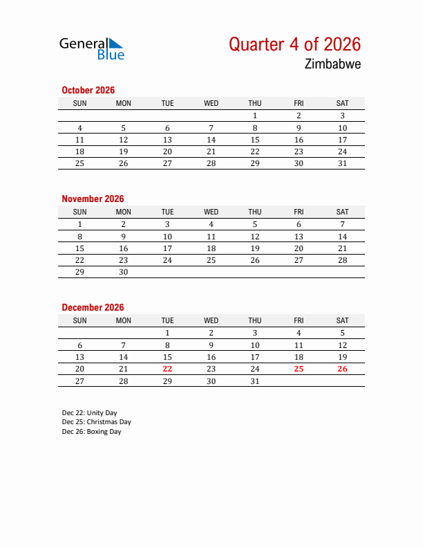 Printable Three Month Calendar with Zimbabwe Holidays