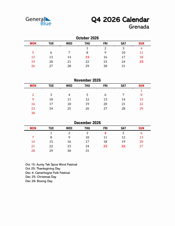 2026 Q4 Calendar with Holidays List for Grenada