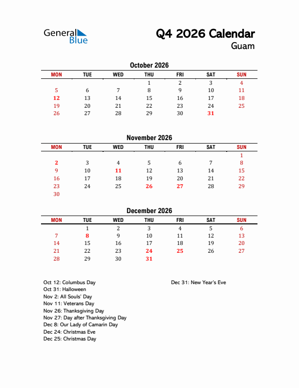 2026 Q4 Calendar with Holidays List for Guam