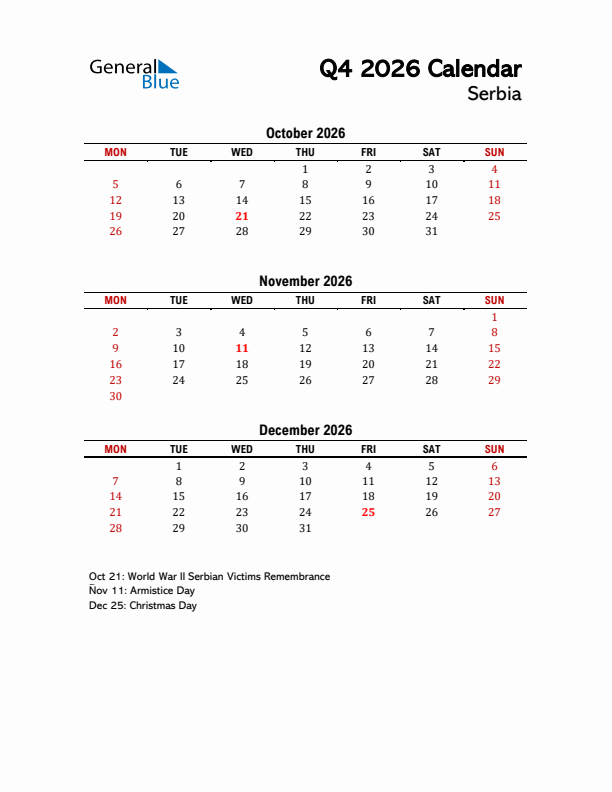 2026 Q4 Calendar with Holidays List for Serbia