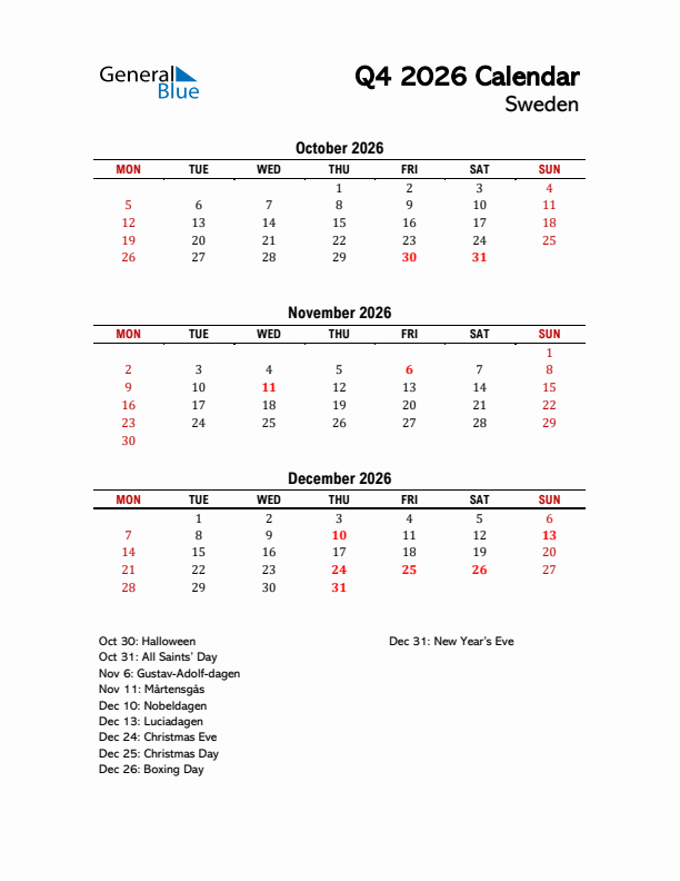 2026 Q4 Calendar with Holidays List for Sweden